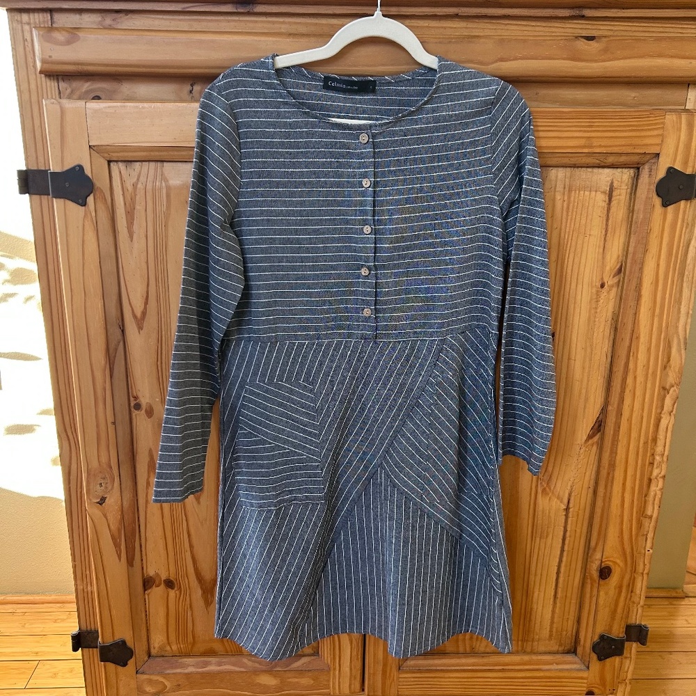 Celmia Collections Dress Long Sleeve Blue Stripe 100% Cotton Pockets Women Small